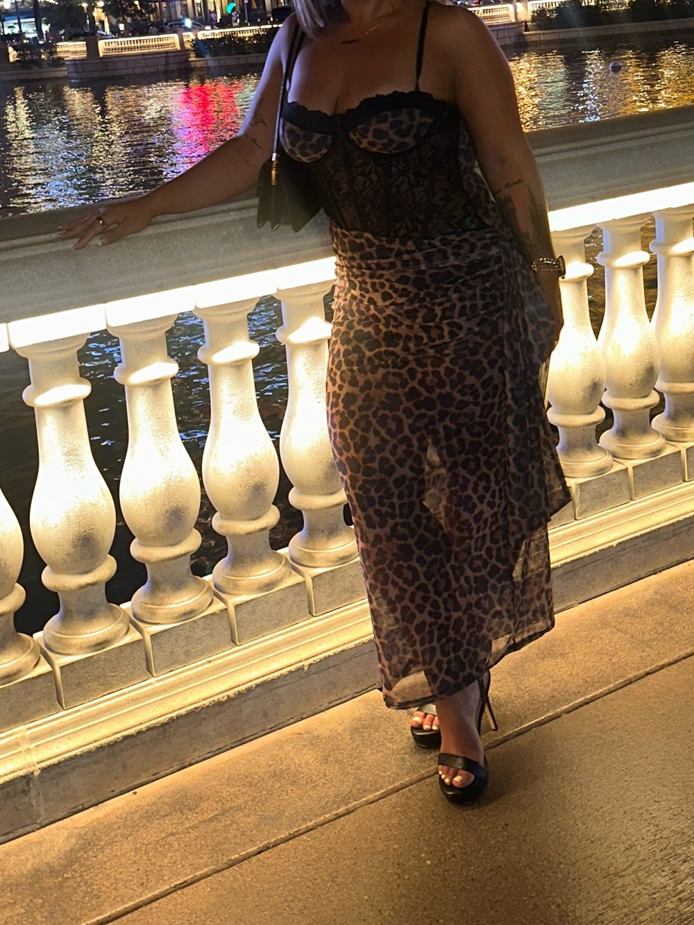 SHEIN Leopard Print Maxi Slip Dress with Black Lace Trim